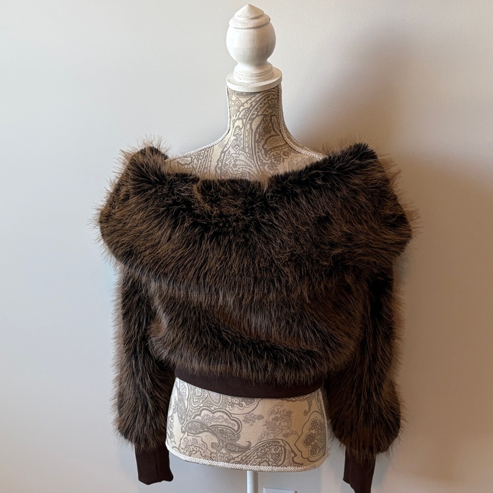 Jaded London Brown Faux Fur Off-Shoulder Sweater